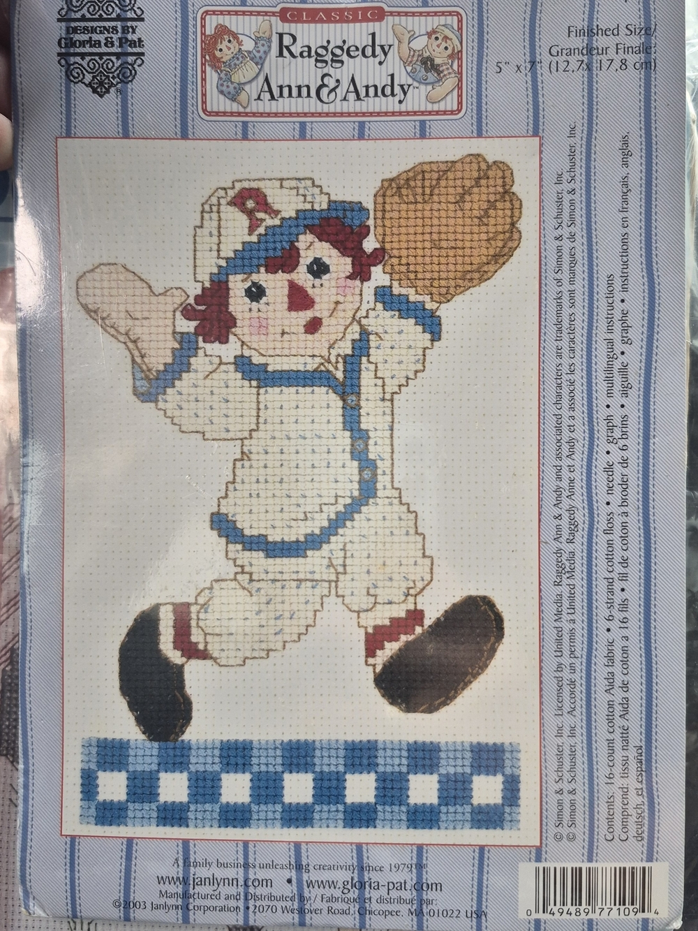 Source Unknown Raggedy Ann & Andy Cross Stitch in Blue, Cream, Brown, Red
